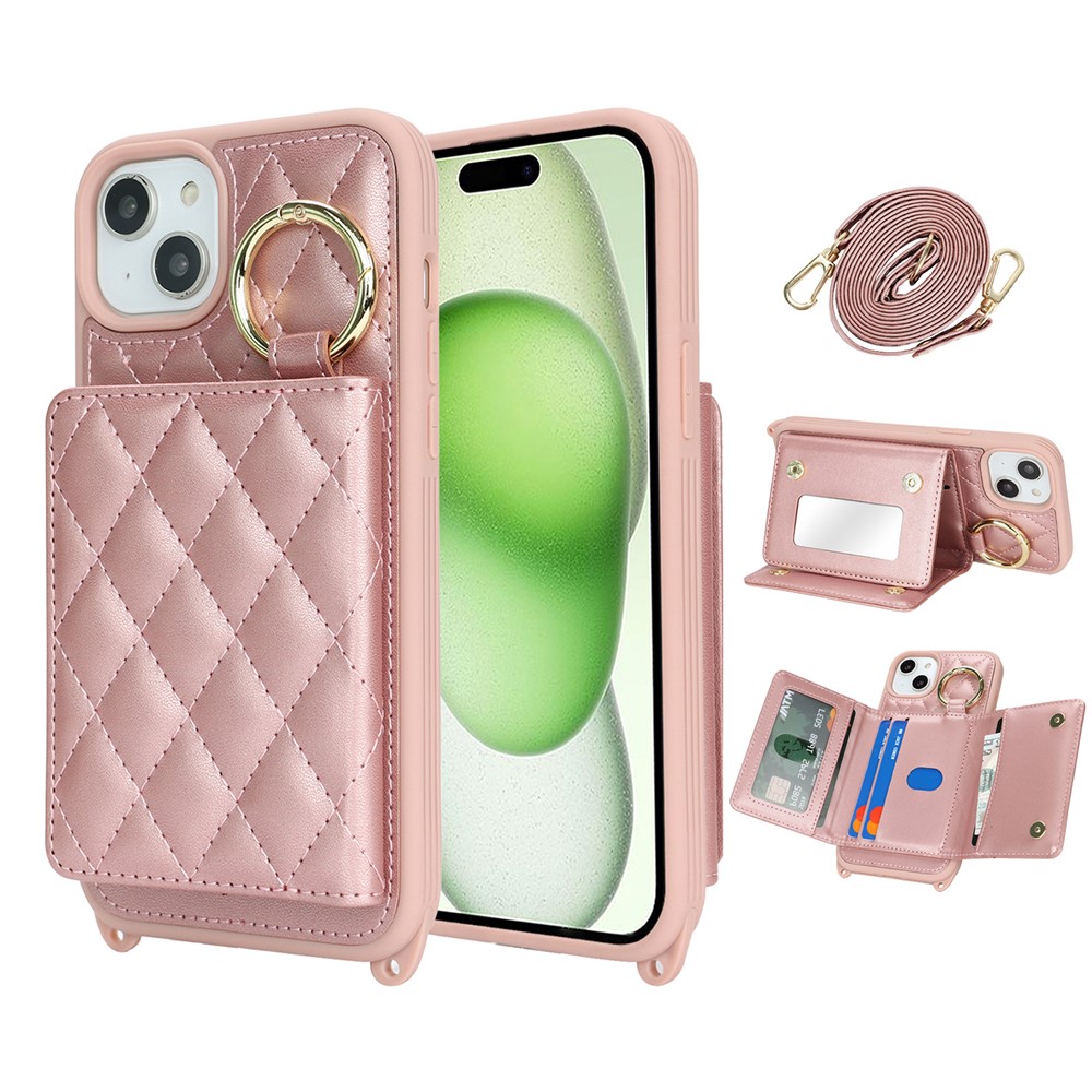 For iPhone 15 Plus / 14 Plus Case with Lanyard  /  Mirror  /  Card Holder Grids Pattern RFID Blocking Phone Cover - Rose Gold