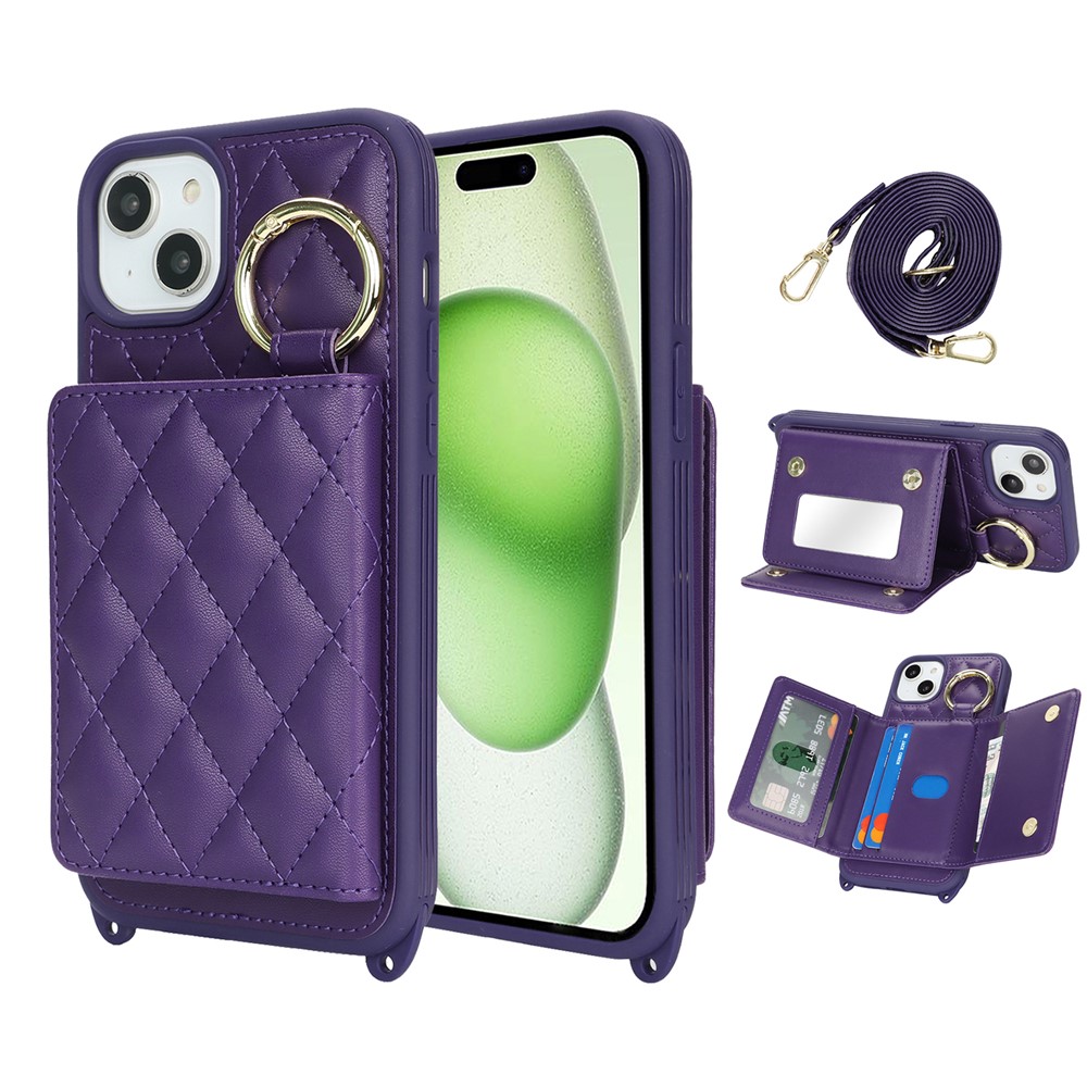 For iPhone 15 Plus / 14 Plus Case with Lanyard  /  Mirror  /  Card Holder Grids Pattern RFID Blocking Phone Cover - Purple