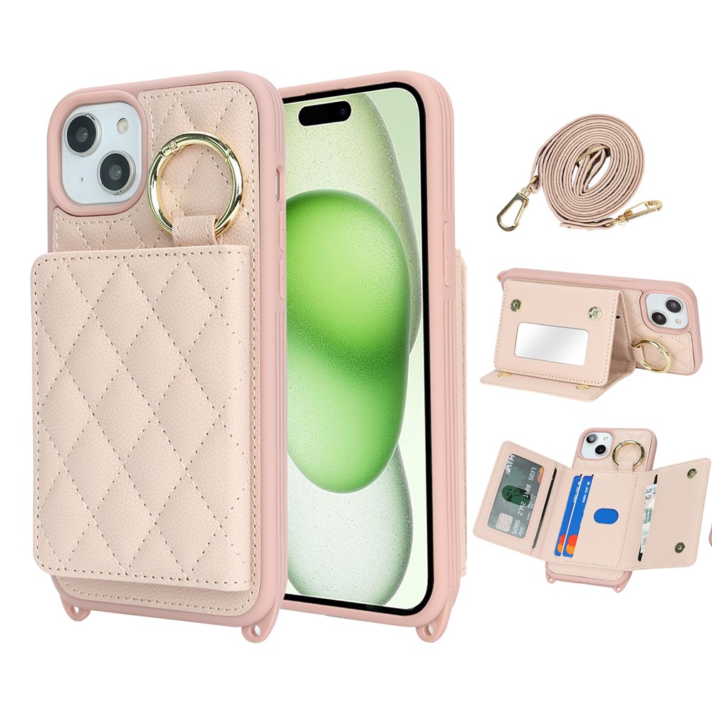 For iPhone 15 Plus / 14 Plus Case with Lanyard  /  Mirror  /  Card Holder Grids Pattern RFID Blocking Phone Cover - Pink