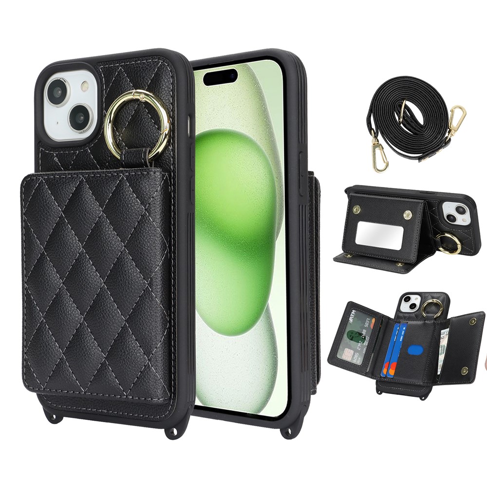 For iPhone 15 Case with Lanyard  /  Mirror  /  Card Holder Grids Pattern RFID Blocking Phone Cover - Black