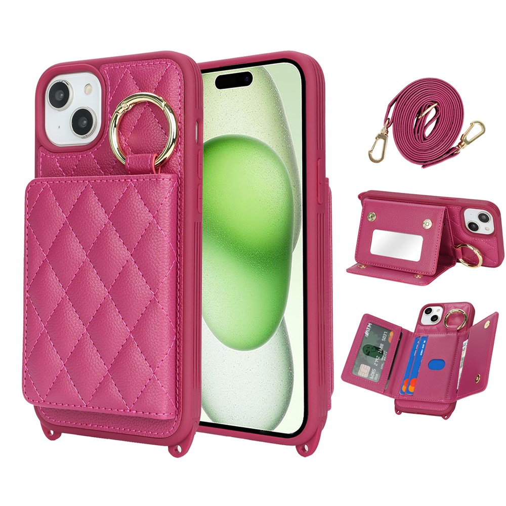 For iPhone 15 Case with Lanyard  /  Mirror  /  Card Holder Grids Pattern RFID Blocking Phone Cover - Rose