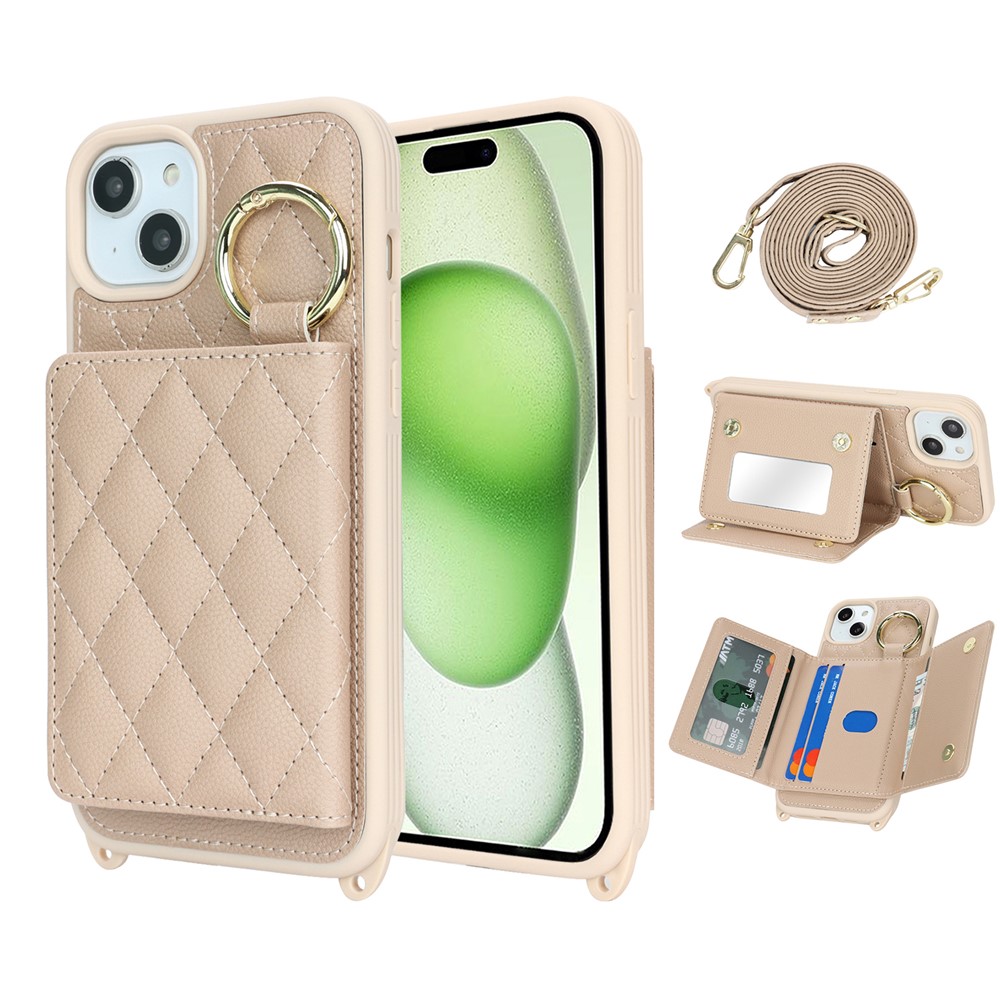 For iPhone 15 Case with Lanyard  /  Mirror  /  Card Holder Grids Pattern RFID Blocking Phone Cover - Beige