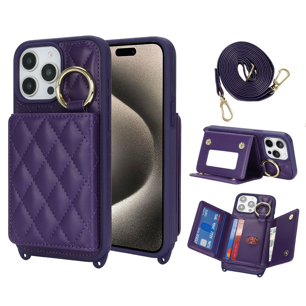For iPhone 15 Pro Case with Lanyard  /  Mirror  /  Card Holder Grids Pattern RFID Blocking Phone Cover - Purple
