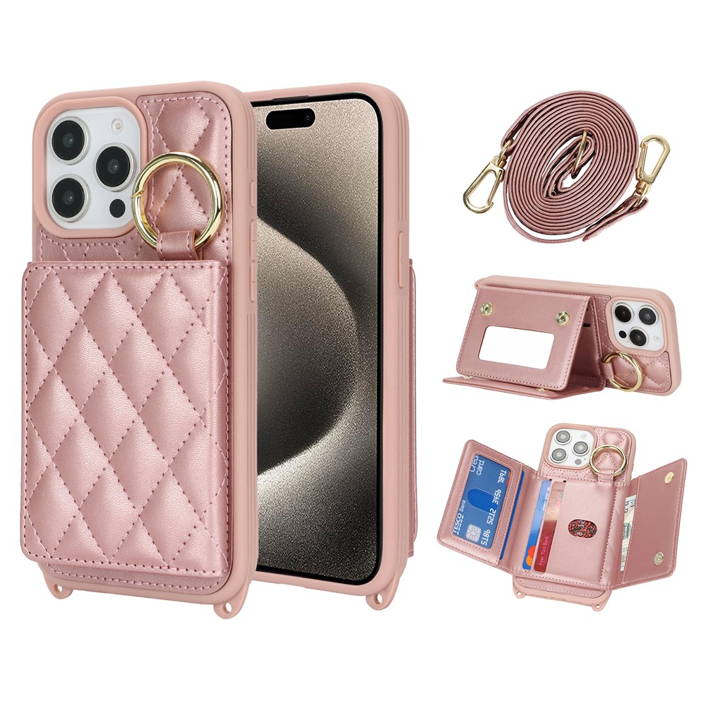 For iPhone 15 Pro Case with Lanyard  /  Mirror  /  Card Holder Grids Pattern RFID Blocking Phone Cover - Rose Gold