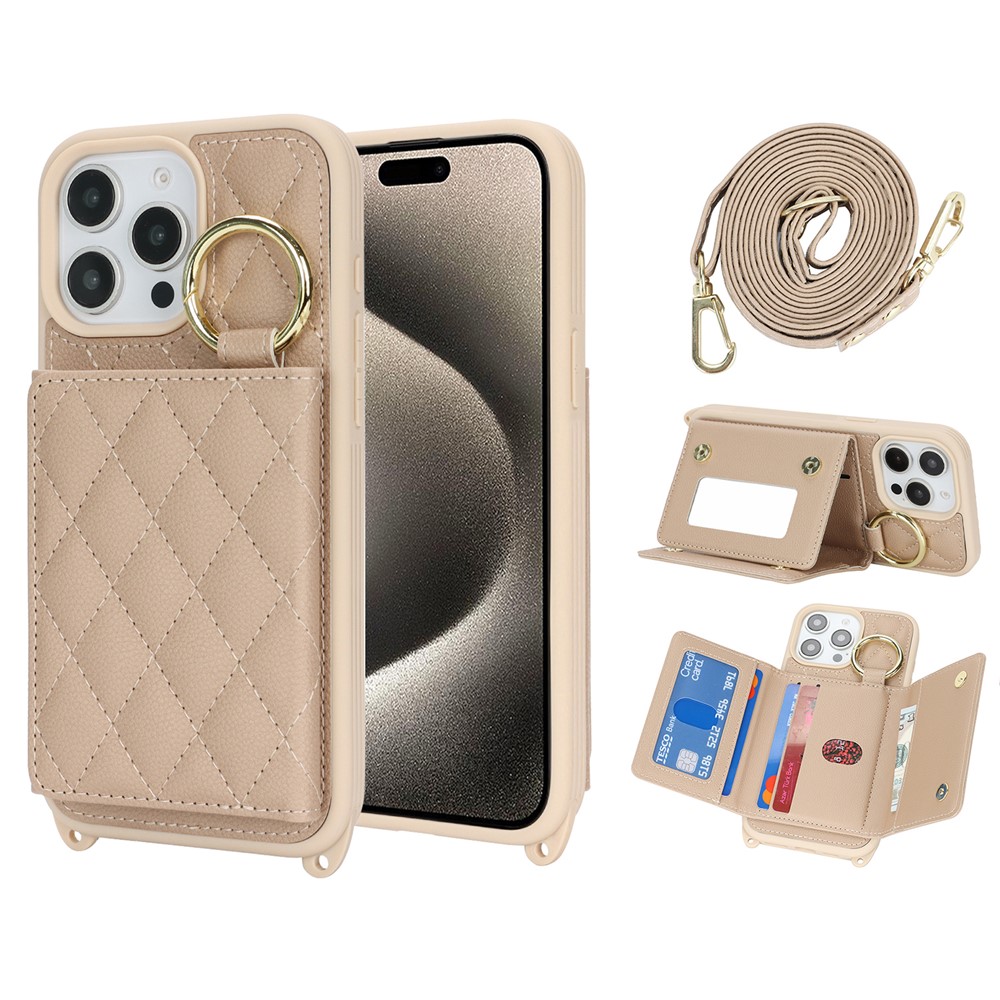 For iPhone 15 Pro Case with Lanyard  /  Mirror  /  Card Holder Grids Pattern RFID Blocking Phone Cover - Beige