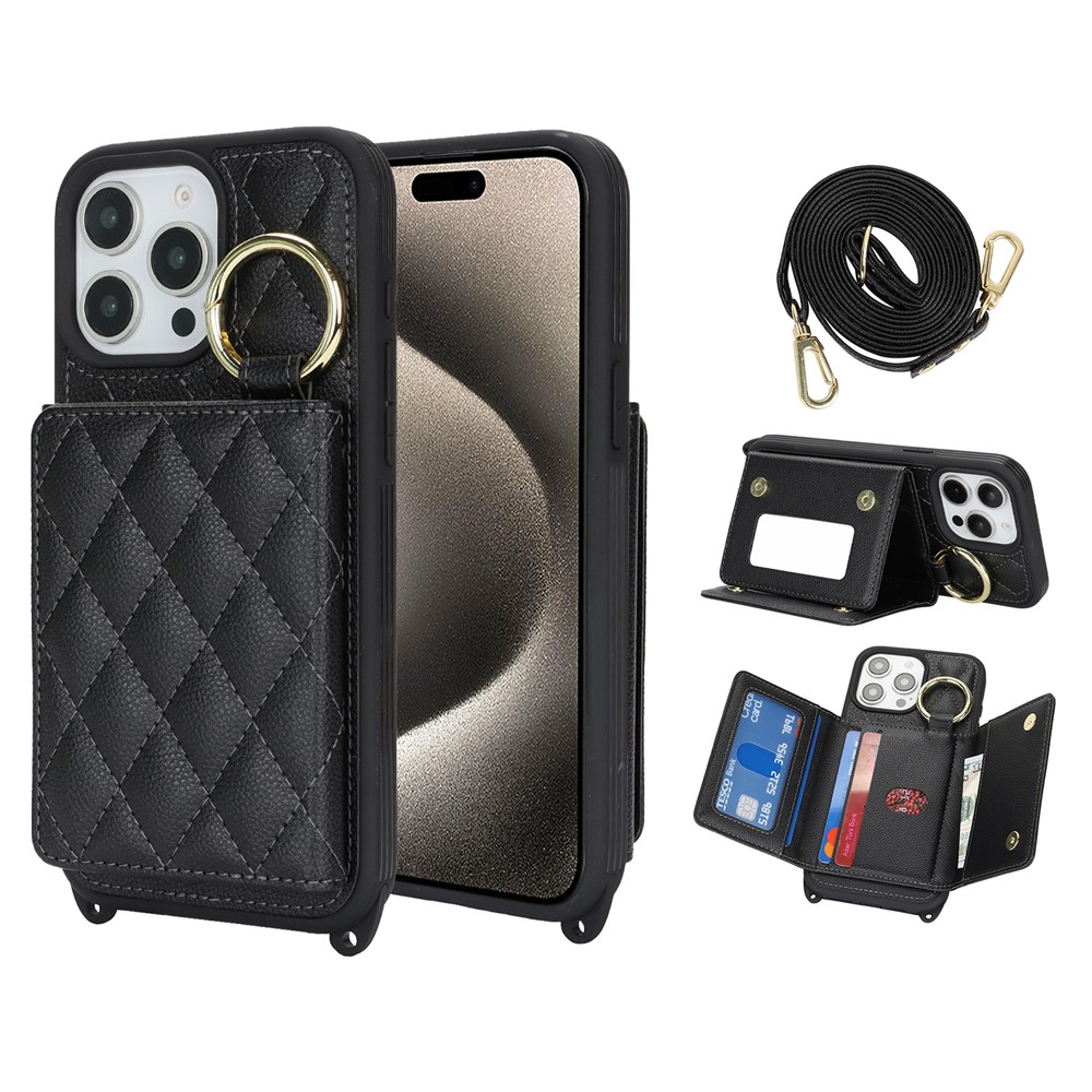 For iPhone 15 Pro Max Case with Lanyard  /  Mirror  /  Card Holder Grids Pattern RFID Blocking Phone Cover - Black