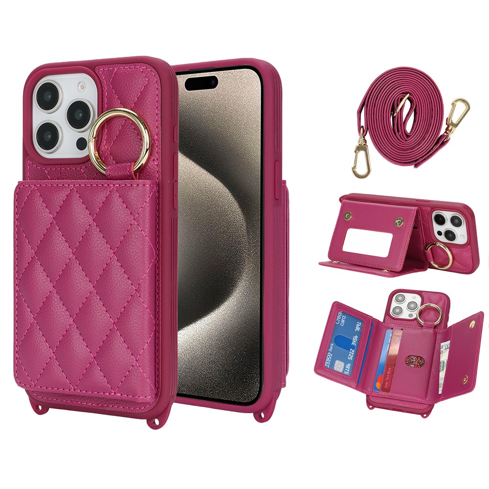 For iPhone 15 Pro Max Case with Lanyard  /  Mirror  /  Card Holder Grids Pattern RFID Blocking Phone Cover - Rose