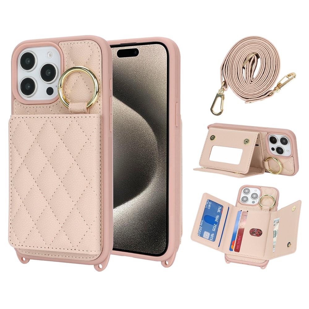 For iPhone 15 Pro Max Case with Lanyard  /  Mirror  /  Card Holder Grids Pattern RFID Blocking Phone Cover - Pink