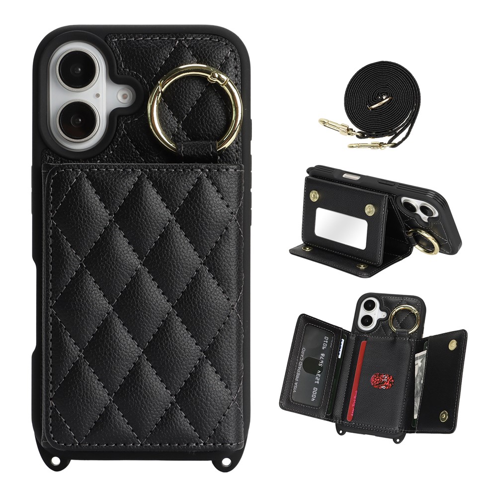 For iPhone 16 Case with Lanyard  /  Mirror  /  Card Holder Grids Pattern RFID Blocking Phone Cover - Black