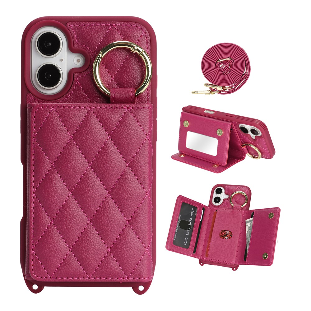 For iPhone 16 Case with Lanyard  /  Mirror  /  Card Holder Grids Pattern RFID Blocking Phone Cover - Rose