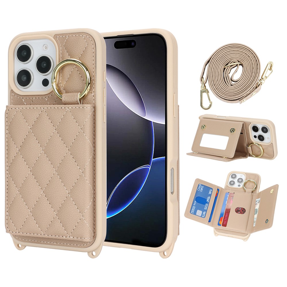 For iPhone 16 Pro Case with Lanyard  /  Mirror  /  Card Holder Grids Pattern RFID Blocking Phone Cover - Beige