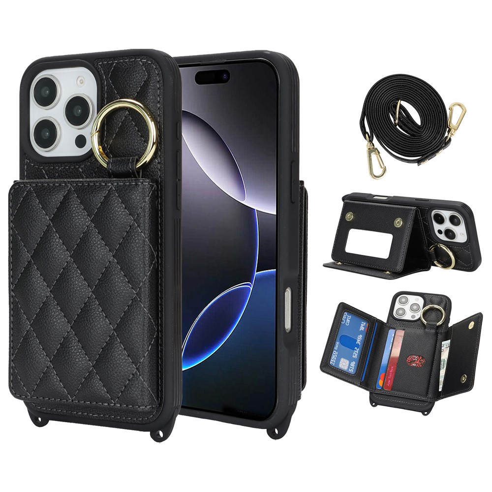For iPhone 16 Pro Case with Lanyard  /  Mirror  /  Card Holder Grids Pattern RFID Blocking Phone Cover - Black