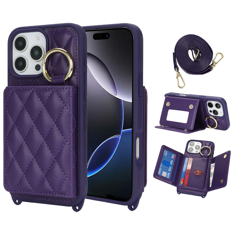 For iPhone 16 Pro Case with Lanyard  /  Mirror  /  Card Holder Grids Pattern RFID Blocking Phone Cover - Purple