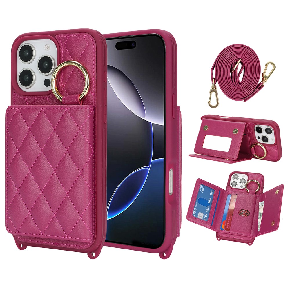 For iPhone 16 Pro Case with Lanyard  /  Mirror  /  Card Holder Grids Pattern RFID Blocking Phone Cover - Rose