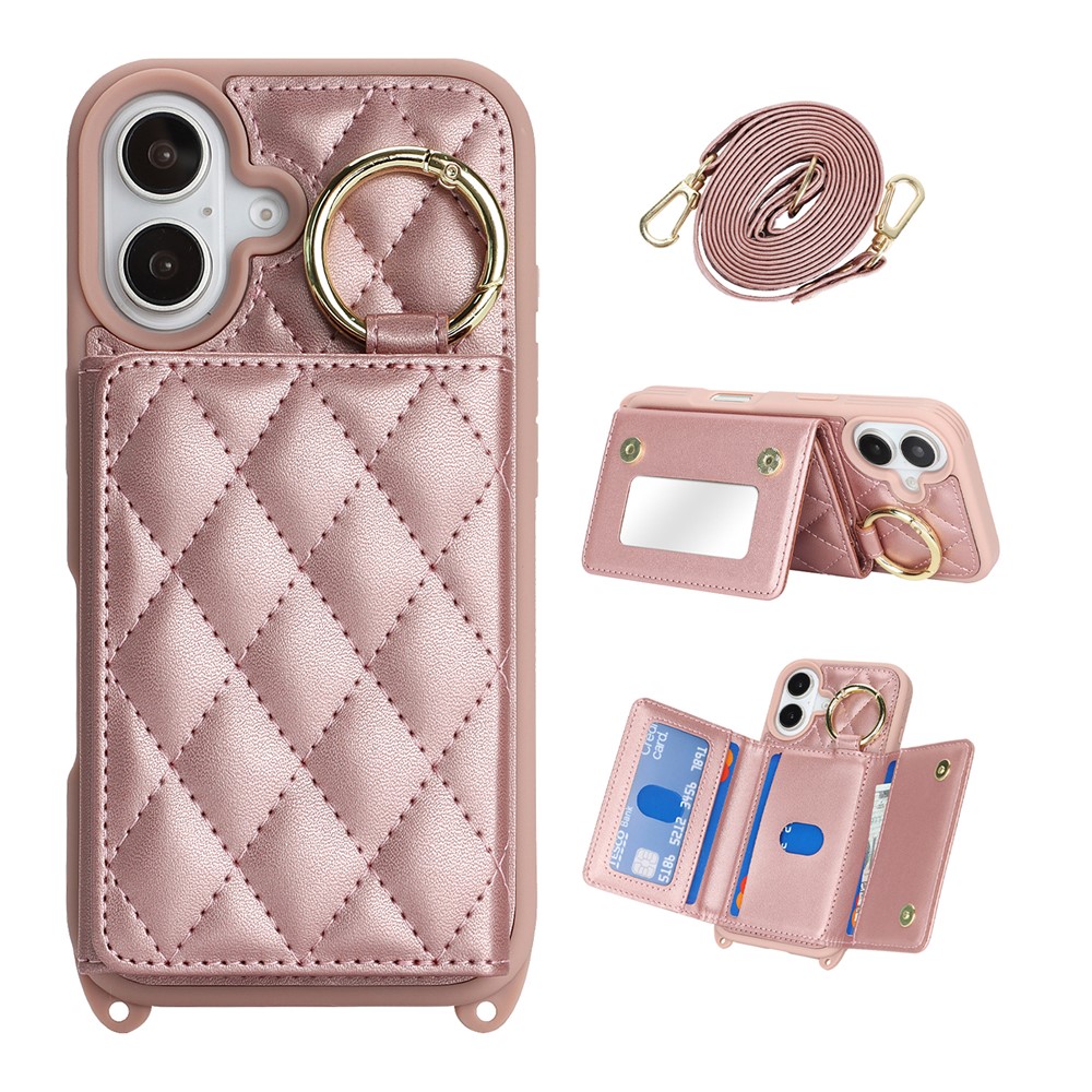 For iPhone 16 Plus Case with Lanyard  /  Mirror  /  Card Holder Grids Pattern RFID Blocking Phone Cover - Rose Gold