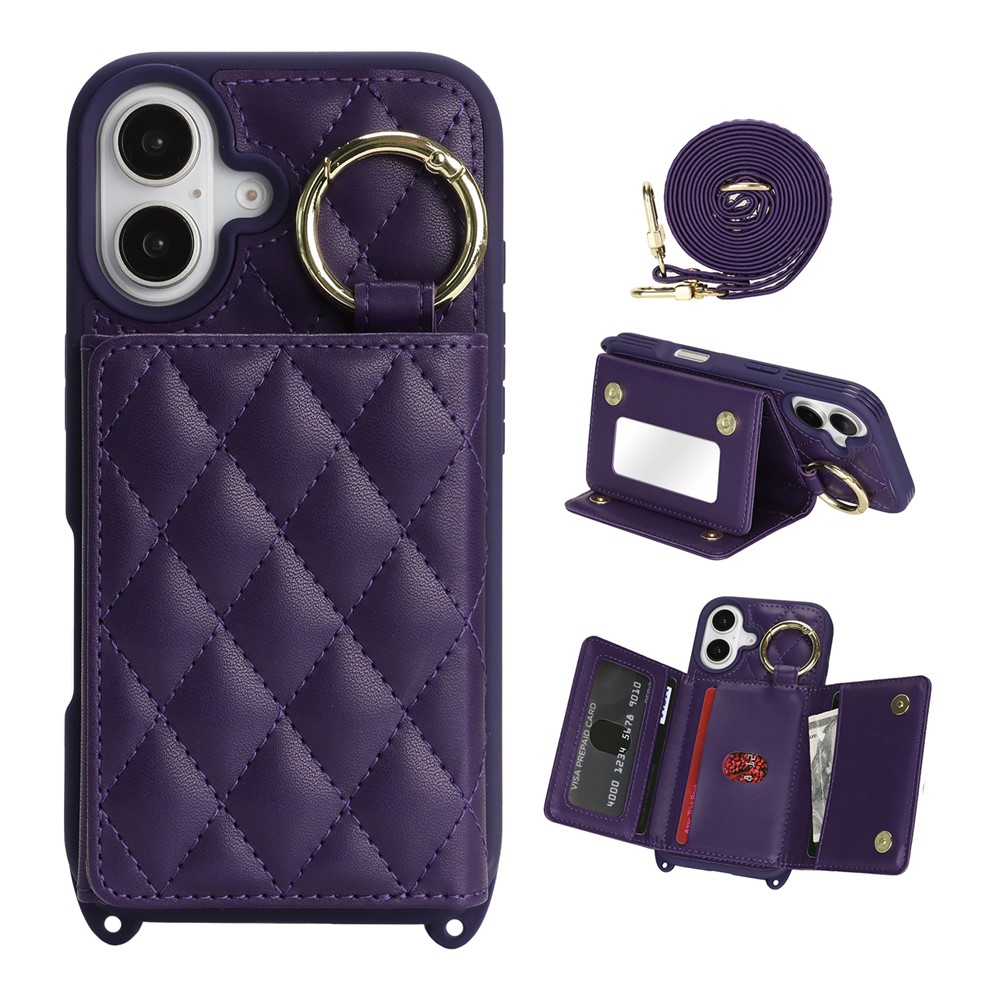 For iPhone 16 Plus Case with Lanyard  /  Mirror  /  Card Holder Grids Pattern RFID Blocking Phone Cover - Purple
