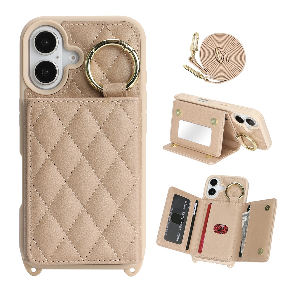 For iPhone 16 Plus Case with Lanyard  /  Mirror  /  Card Holder Grids Pattern RFID Blocking Phone Cover - Beige