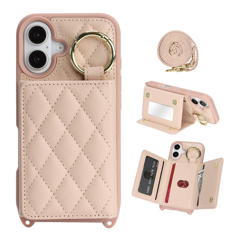 For iPhone 16 Plus Case with Lanyard  /  Mirror  /  Card Holder Grids Pattern RFID Blocking Phone Cover - Pink