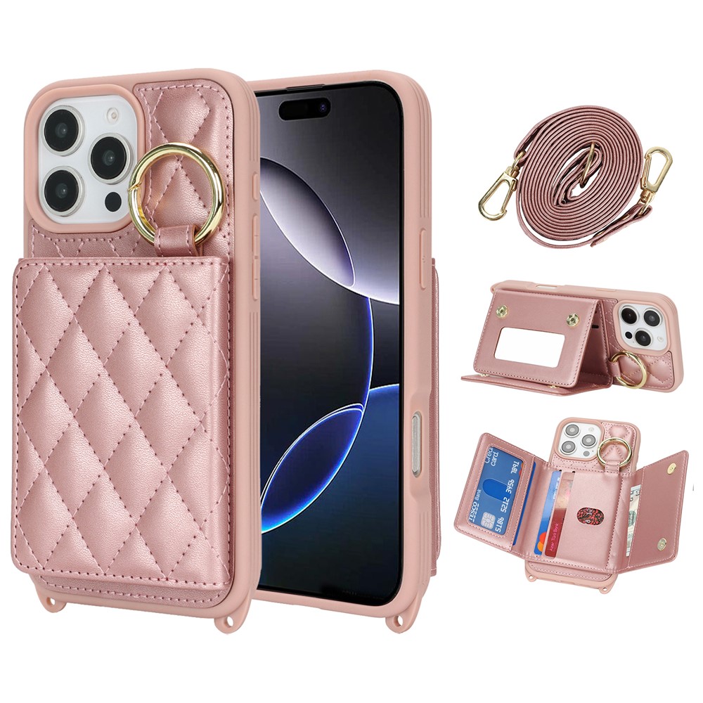 For iPhone 16 Pro Max Case with Lanyard  /  Mirror  /  Card Holder Grids Pattern RFID Blocking Phone Cover - Rose Gold