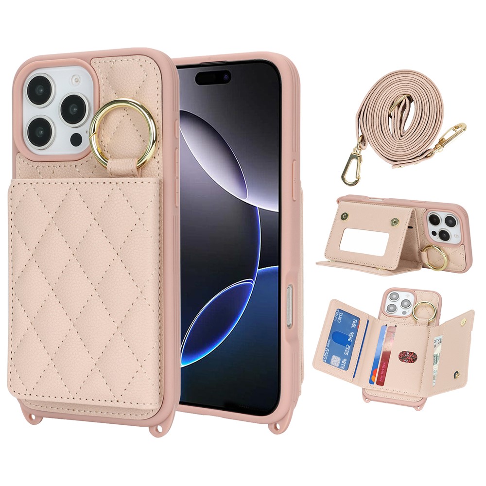 For iPhone 16 Pro Max Case with Lanyard  /  Mirror  /  Card Holder Grids Pattern RFID Blocking Phone Cover - Pink