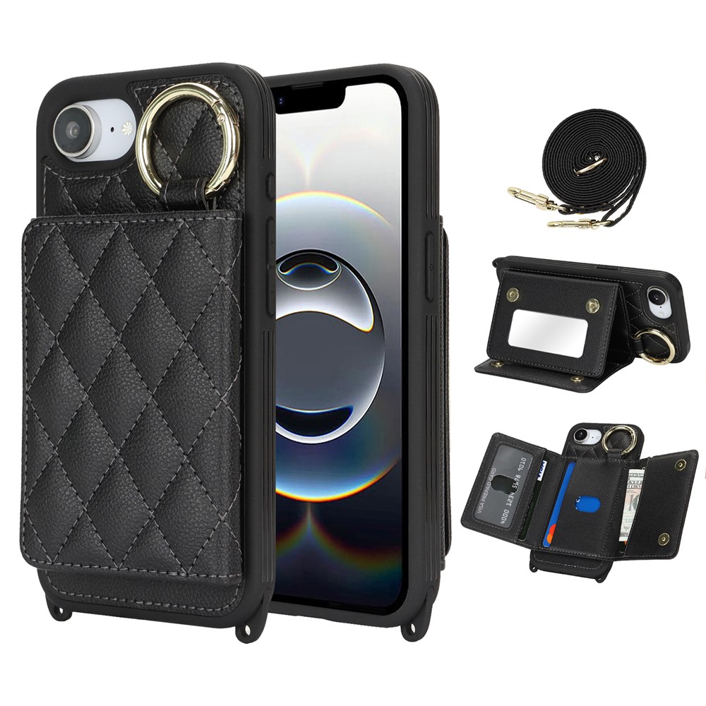 For iPhone 16e Case with Lanyard  /  Mirror  /  Card Holder Grids Pattern RFID Blocking Phone Cover - Black