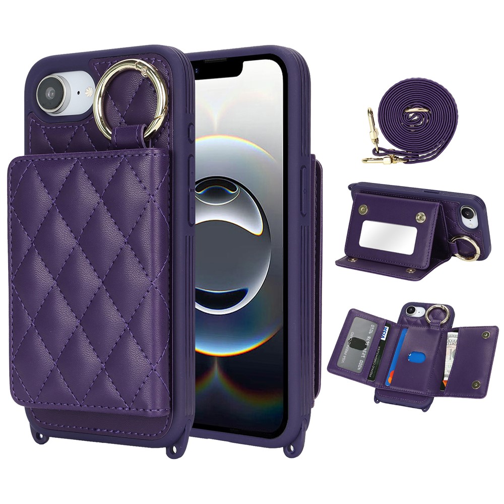 For iPhone 16e Case with Lanyard  /  Mirror  /  Card Holder Grids Pattern RFID Blocking Phone Cover - Purple