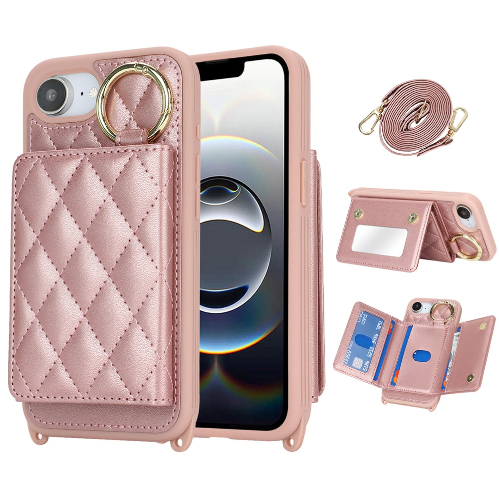 For iPhone 16e Case with Lanyard  /  Mirror  /  Card Holder Grids Pattern RFID Blocking Phone Cover - Rose Gold