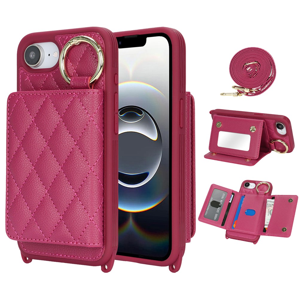 For iPhone 16e Case with Lanyard  /  Mirror  /  Card Holder Grids Pattern RFID Blocking Phone Cover - Rose