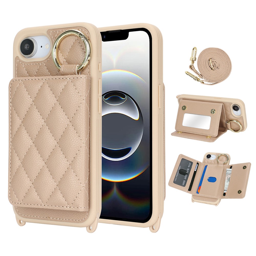For iPhone 16e Case with Lanyard  /  Mirror  /  Card Holder Grids Pattern RFID Blocking Phone Cover - Beige