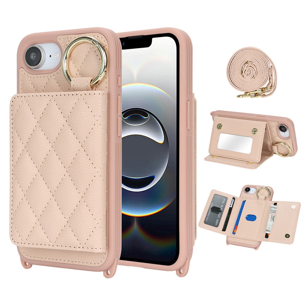 For iPhone 16e Case with Lanyard / Mirror / Card Holder Grids Pattern RFID Blocking Phone Cover - Pink