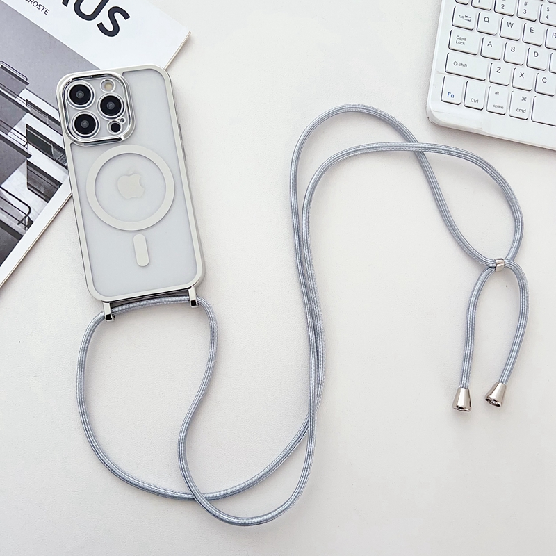 For iPhone 16 Pro Max Case Compatible with MagSafe Electroplating Edge TPU Phone Cover with Shoulder Strap - Silver