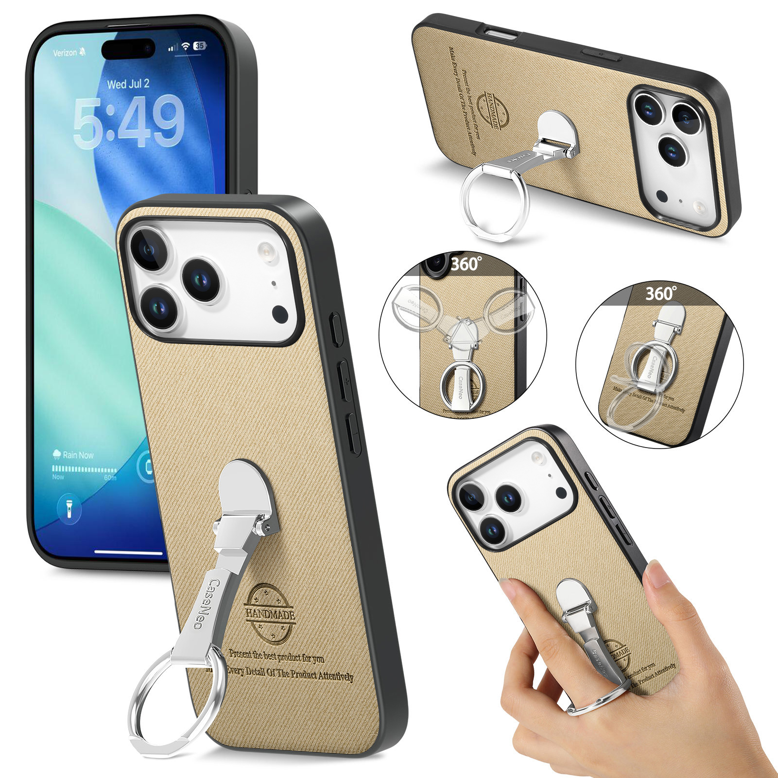 For iPhone 17 Pro Case Folding Kickstand Twill Texture Leather Back Cover - Khaki