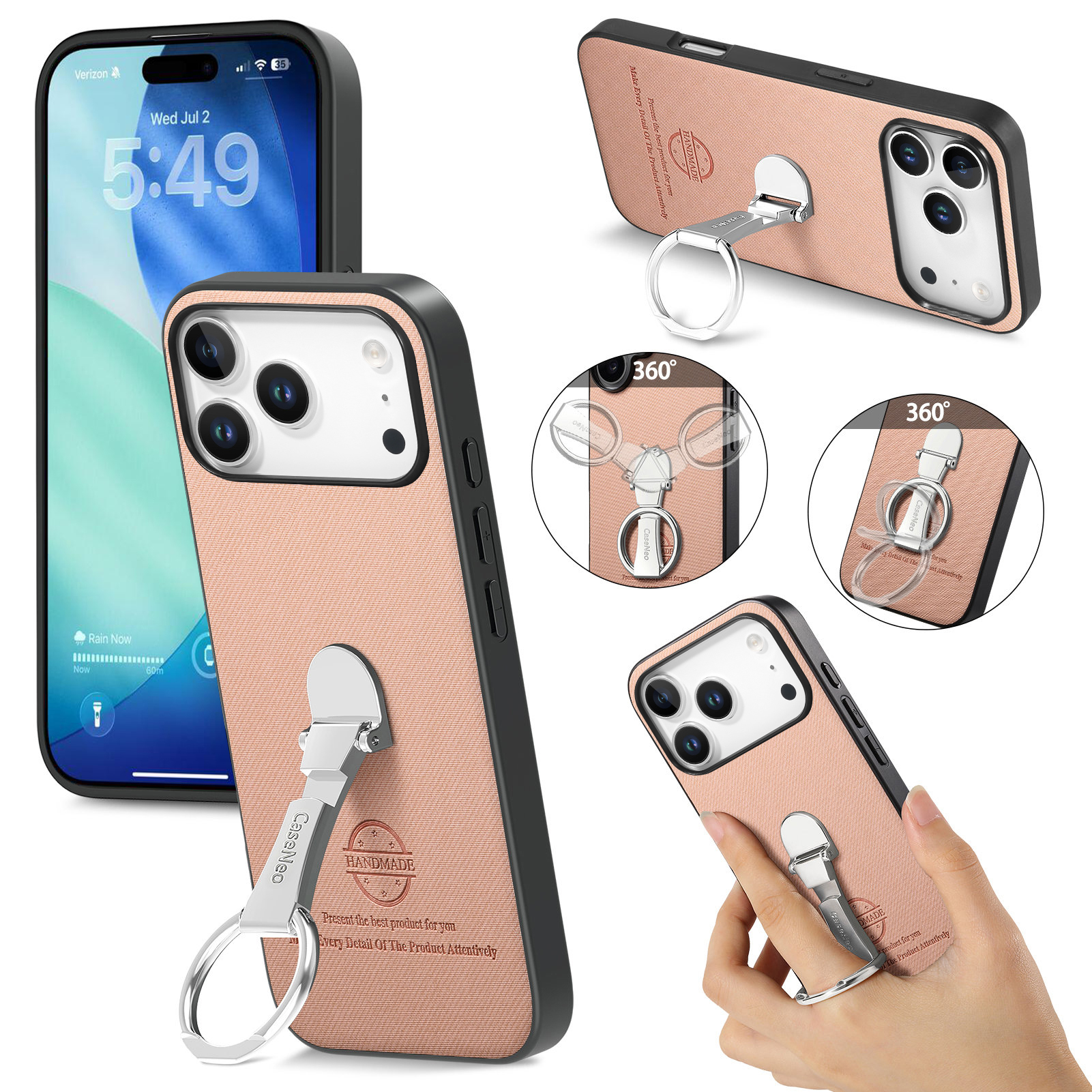 For iPhone 17 Pro Case Folding Kickstand Twill Texture Leather Back Cover - Pink