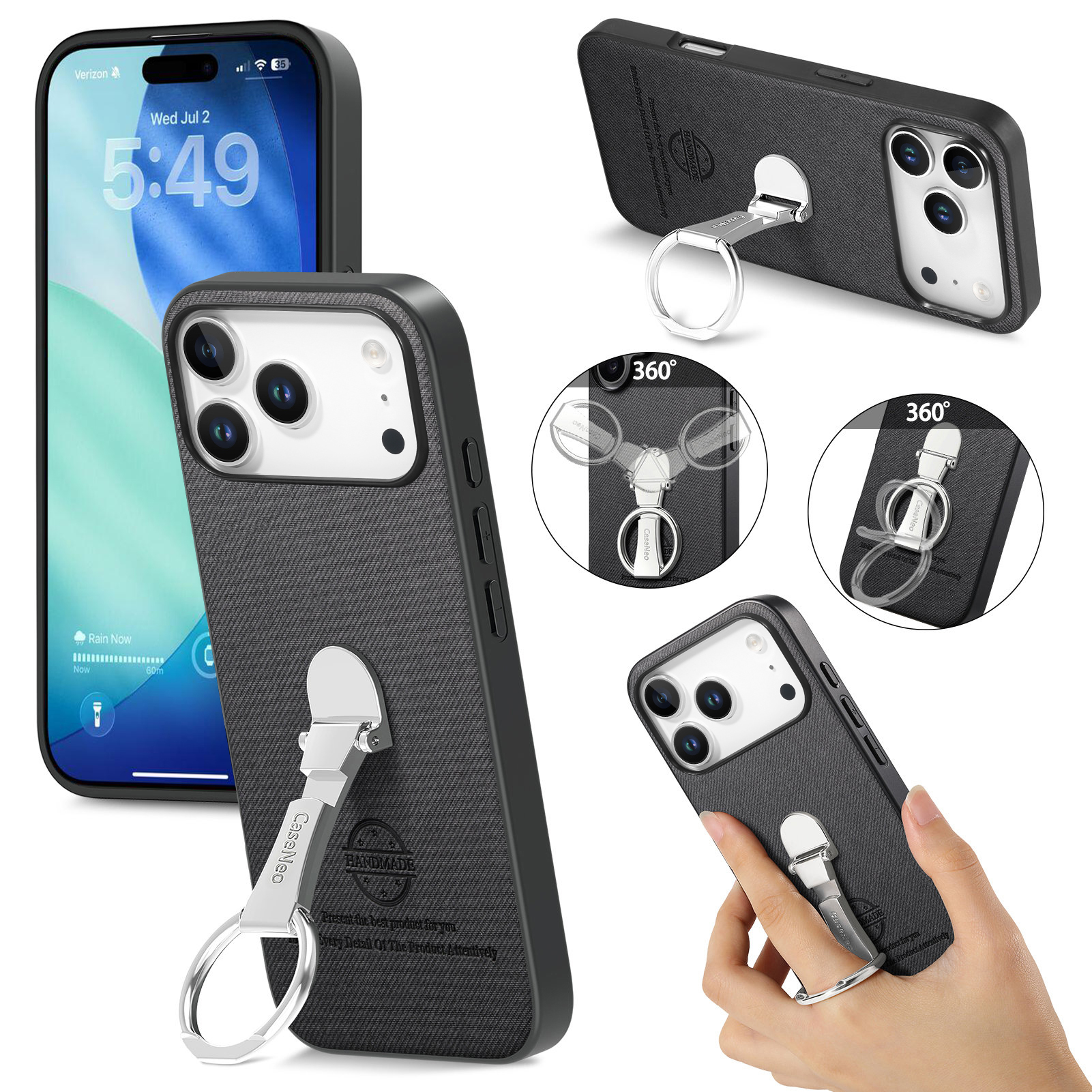 For iPhone 17 Pro Case Folding Kickstand Twill Texture Leather Back Cover - Black