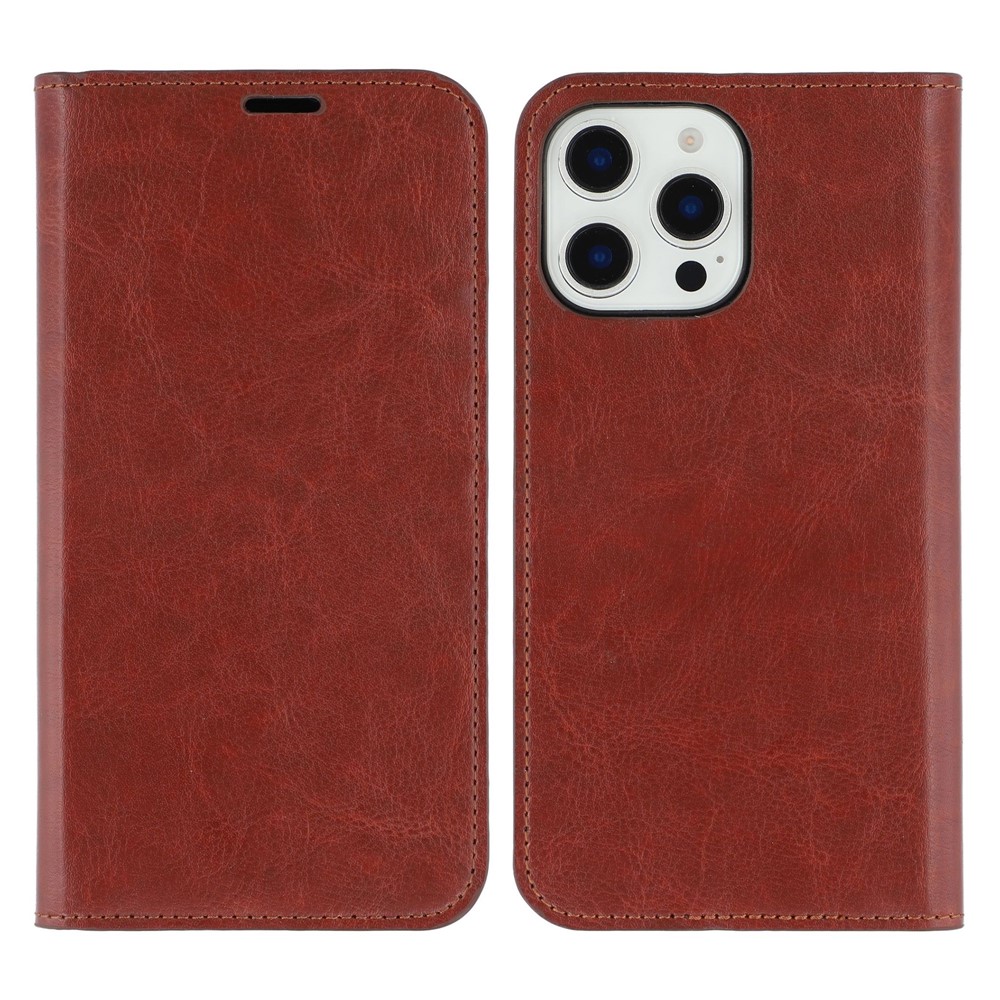 For iPhone 16 Pro Max Stand Cases Genuine Split Leather Wallet Phone Cover Magnetic Closure - Brown