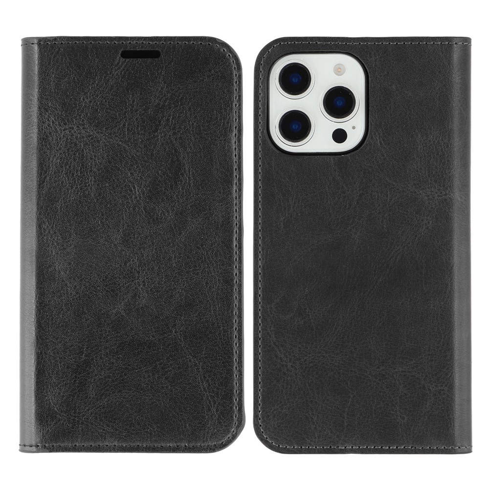 For iPhone 16 Pro Stand Cases Genuine Split Leather Wallet Phone Cover Magnetic Closure - Black