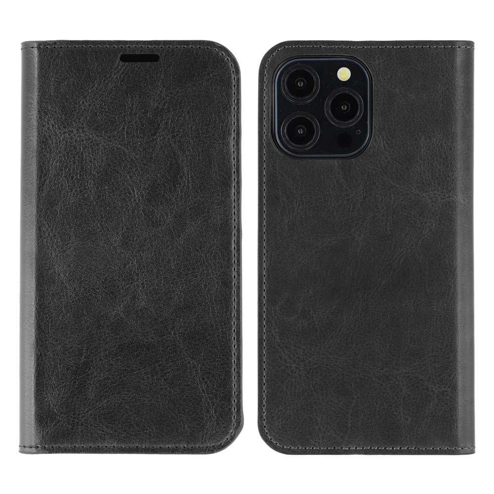 For iPhone 13 Pro Max Stand Cases Genuine Split Leather Wallet Phone Cover Magnetic Closure - Black
