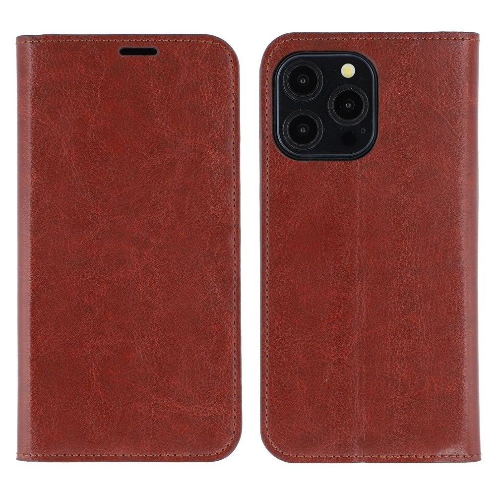 For iPhone 14 Pro Stand Cases Genuine Split Leather Wallet Phone Cover Magnetic Closure - Brown