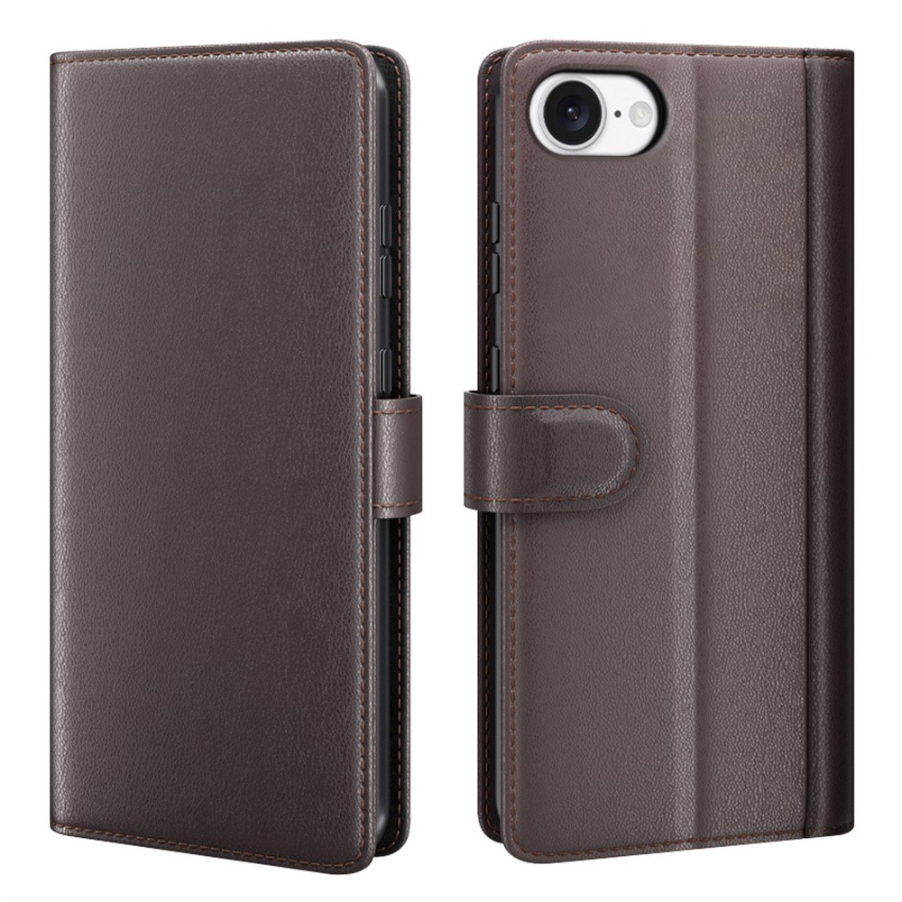 AMORUS For iPhone 16e Stand Cases Calf Texture Genuine Split Leather Wallet Phone Cover - Brown