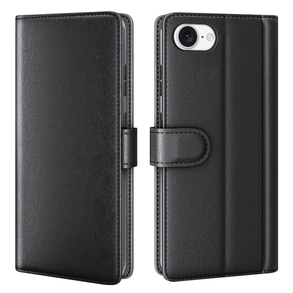AMORUS For iPhone 16e Stand Cases Calf Texture Genuine Split Leather Wallet Phone Cover - Black