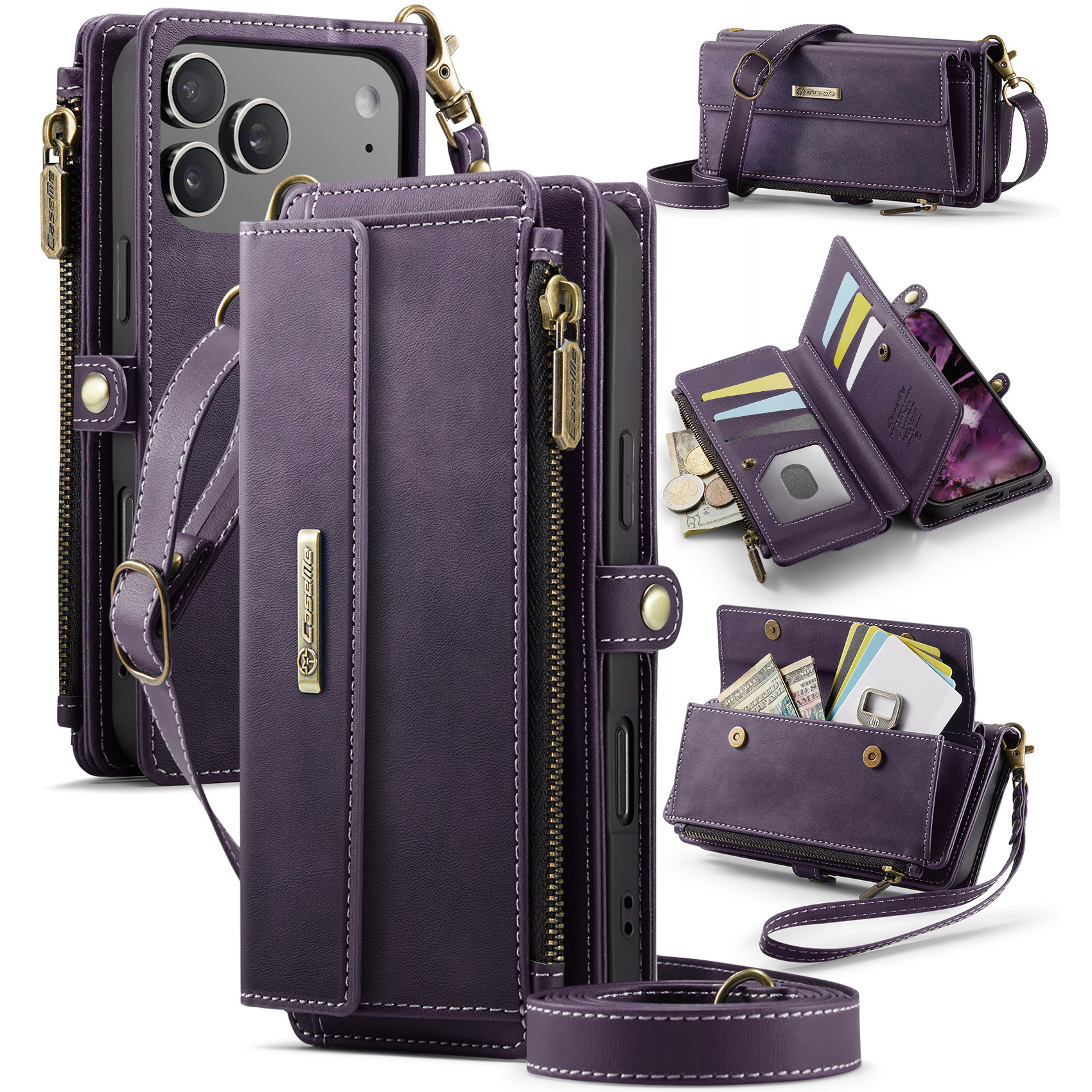 For iPhone 17 Pro Case CASEME C39 RFID Blocking Zipper Wallet Stand Leather Cover with Strap - Purple