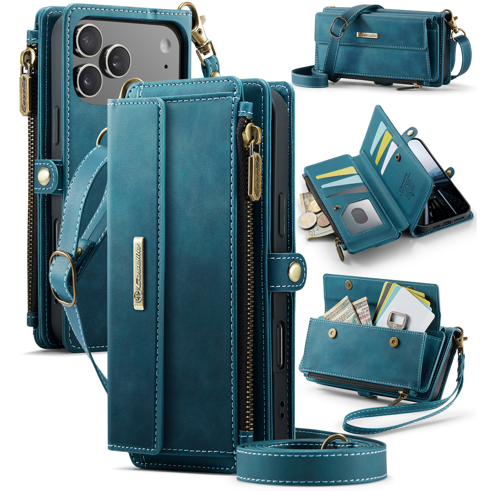 For iPhone 17 Pro Case CASEME C39 RFID Blocking Zipper Wallet Stand Leather Cover with Strap - Green