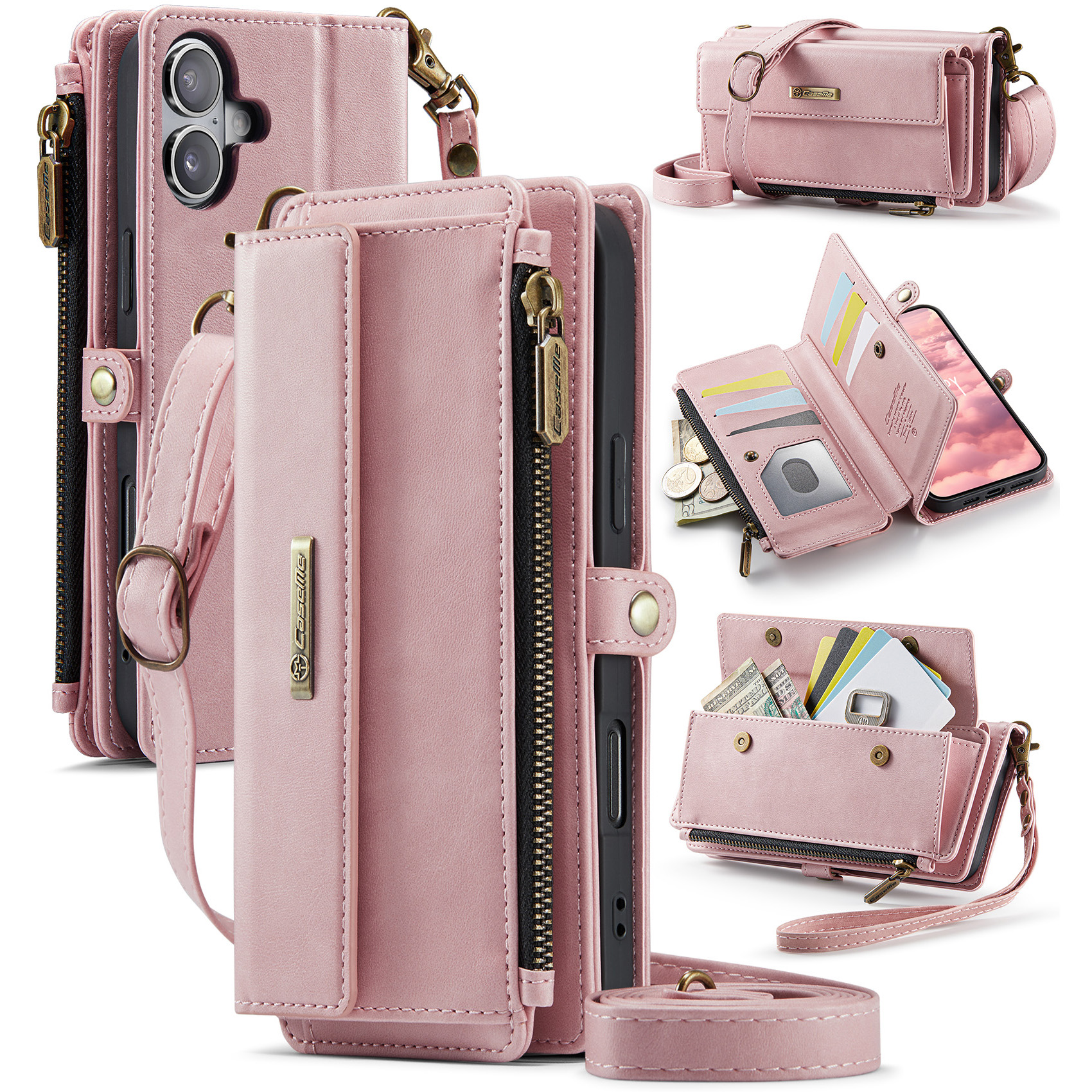 For iPhone 17 Case CASEME C39 RFID Blocking Zipper Wallet Stand Leather Cover with Strap - Pink
