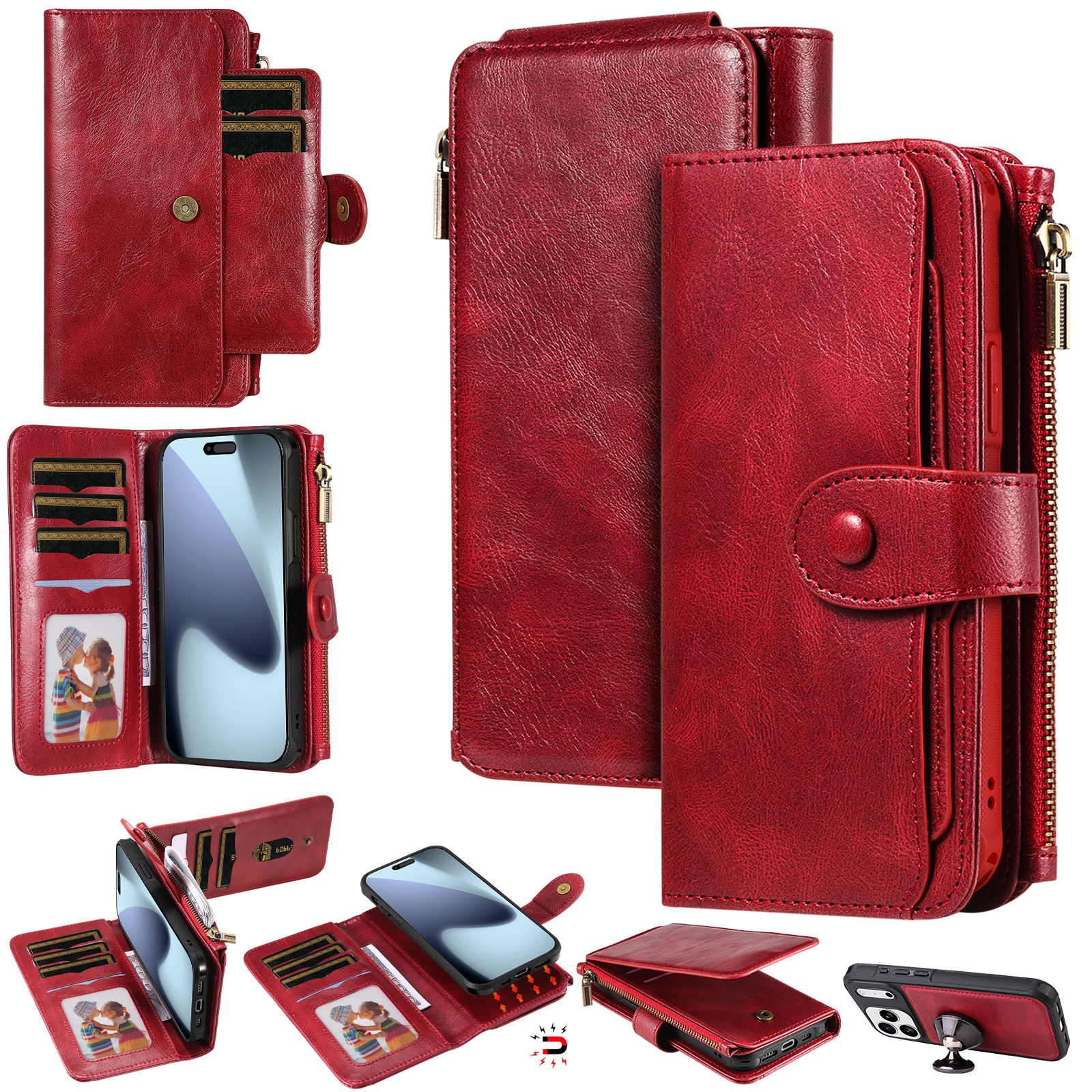For iPhone 17 Pro Phone Case PU Leather Zipper Wallet Detachable Cover - Red