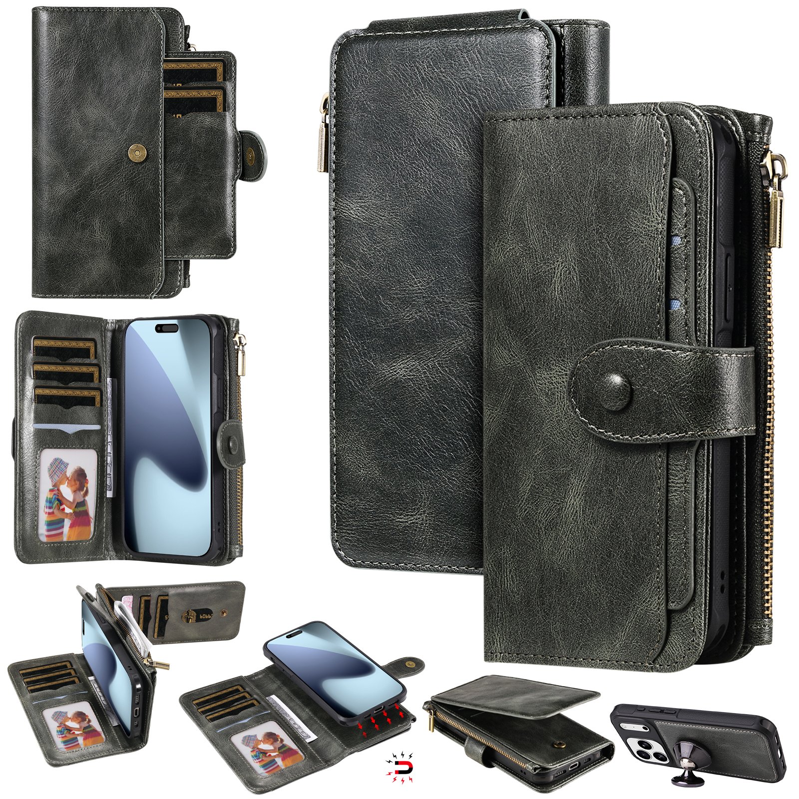 For iPhone 17 Pro Max Phone Case PU Leather Zipper Wallet Detachable Cover - Green