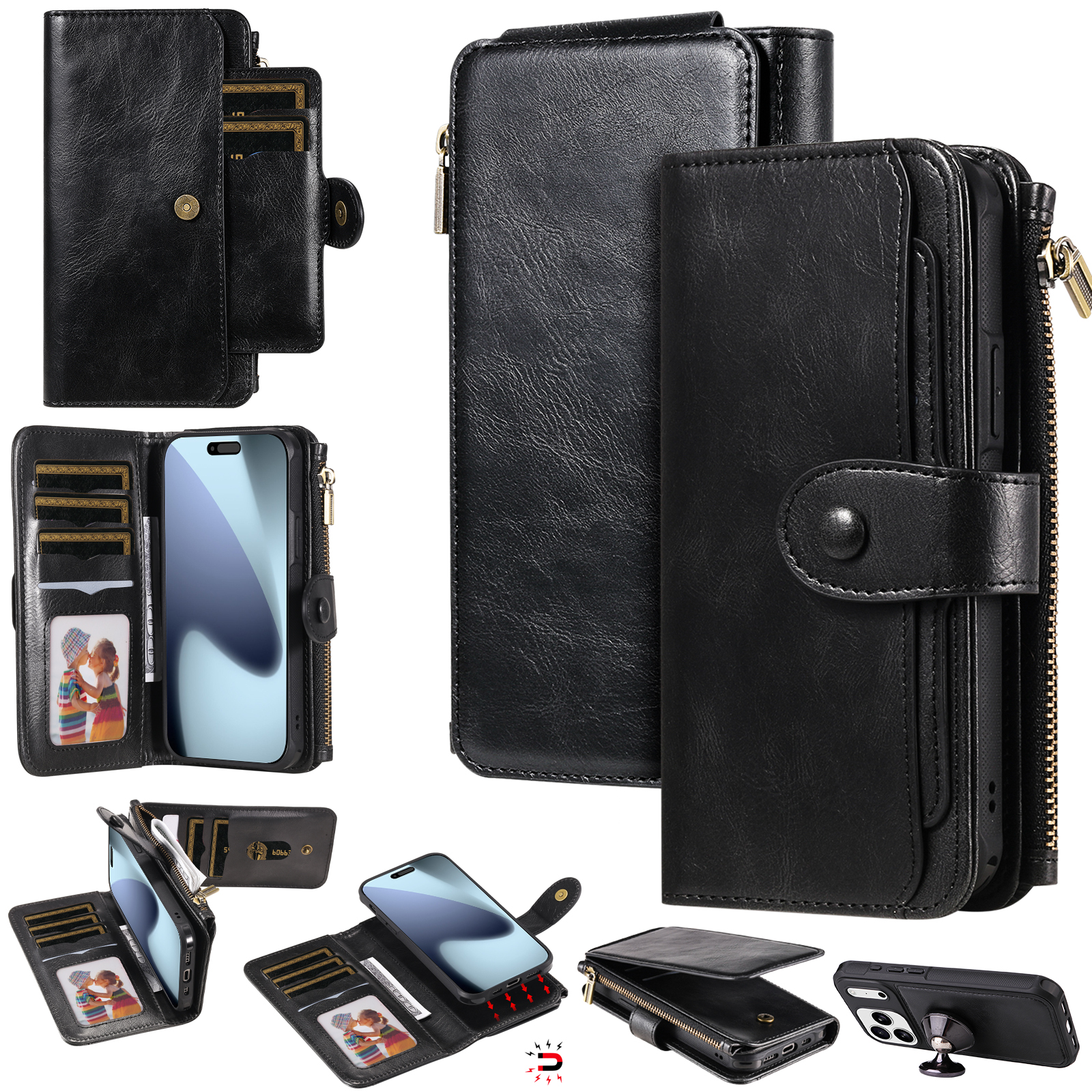 For iPhone 17 Pro Max Phone Case PU Leather Zipper Wallet Detachable Cover - Black