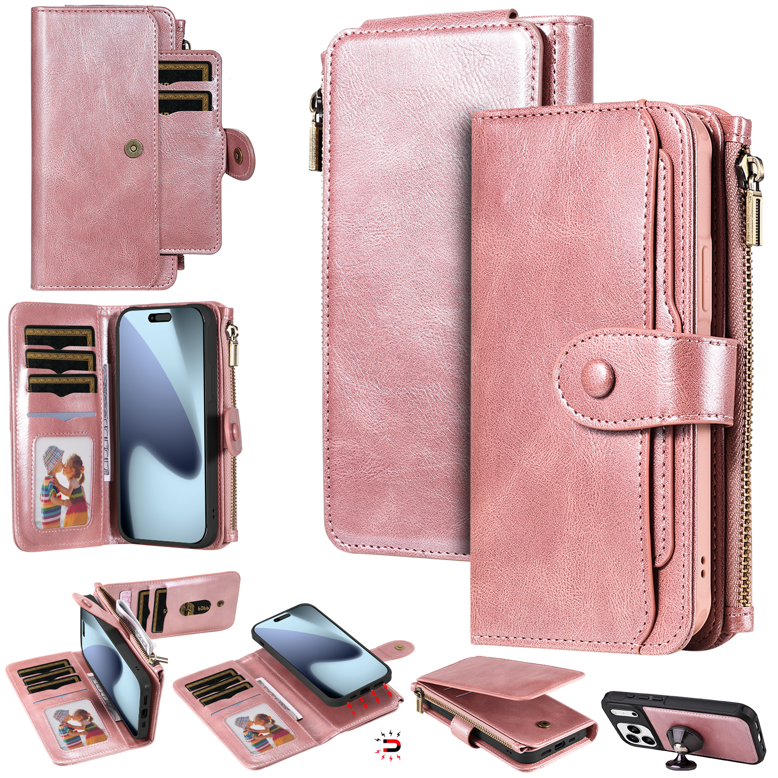 For iPhone 17 Pro Max Phone Case PU Leather Zipper Wallet Detachable Cover - Rose Gold