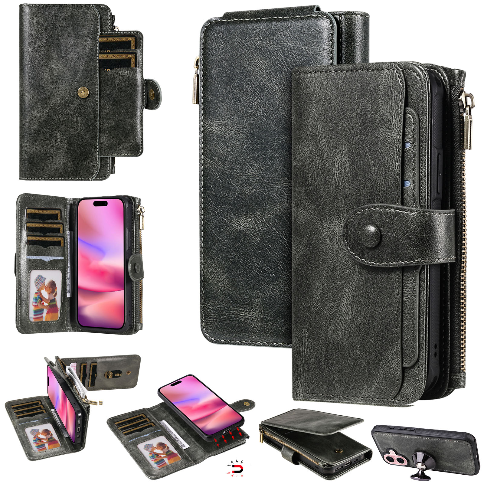 For iPhone 17 Phone Case PU Leather Zipper Wallet Detachable Cover - Green