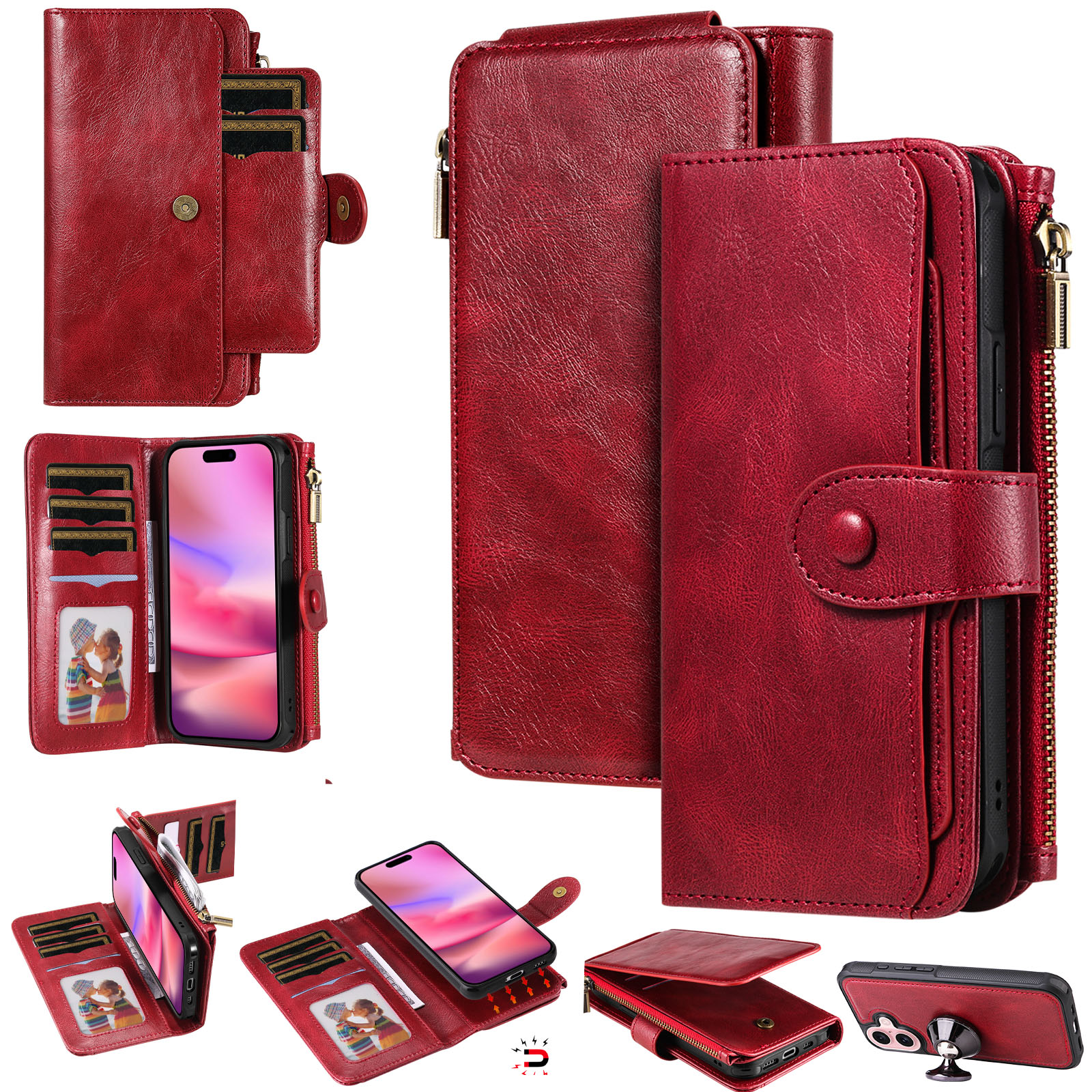 For iPhone 17 Phone Case PU Leather Zipper Wallet Detachable Cover - Red
