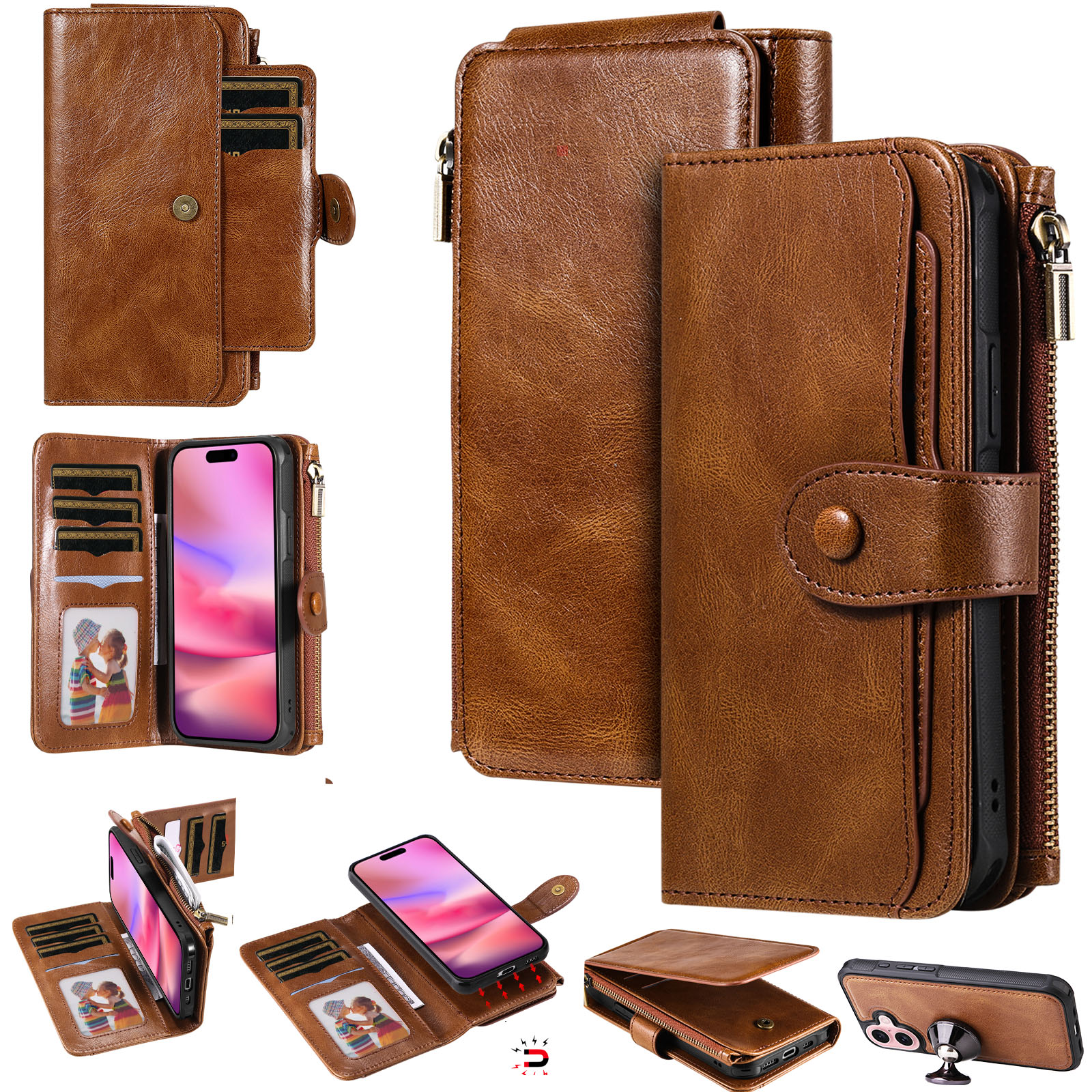 For iPhone 17 Phone Case PU Leather Zipper Wallet Detachable Cover - Brown